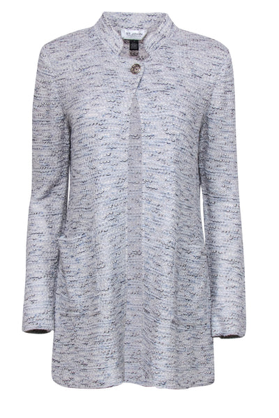 Current Boutique-St. John - Baby Blue & Cream Woven Knit Longline Jacket w/ Single Button Sz 10