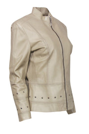 Current Boutique-St. John - Beige Zip-Up Leather Jacket w/ Studs & Laser Cut Trim Sz M