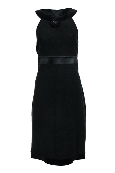 Current Boutique-St. John - Black Knit Dress w/ Halter Neckline & Jeweled Flower Sz 10