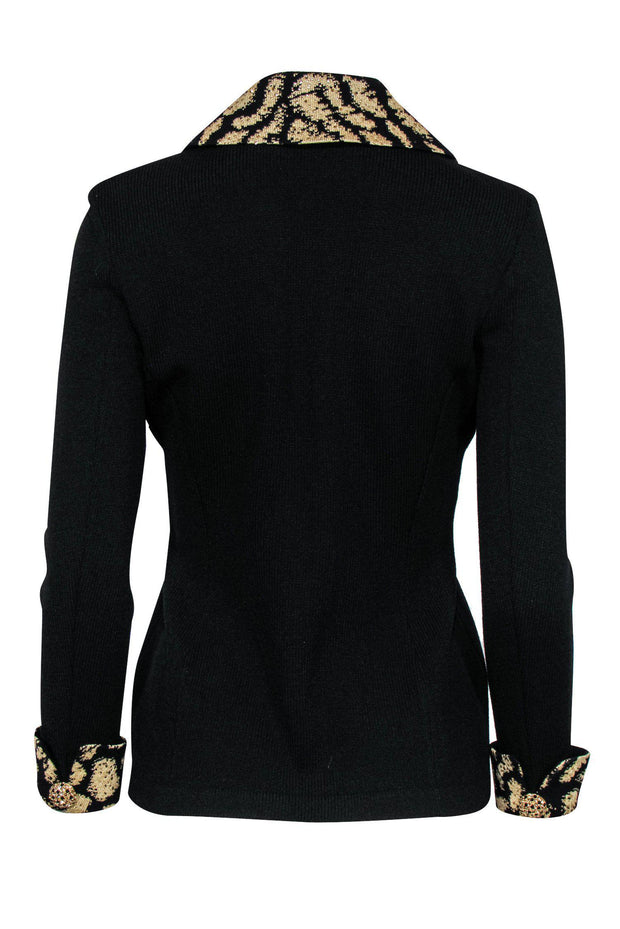 Current Boutique-St. John - Black Knit Jacket w/ Golden Collar & Cuffs Sz 2