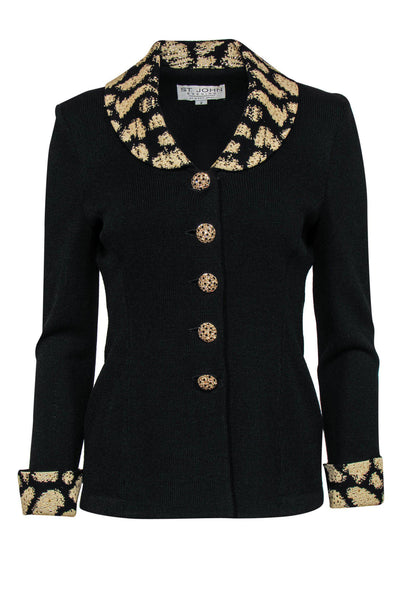 Current Boutique-St. John - Black Knit Jacket w/ Golden Collar & Cuffs Sz 2