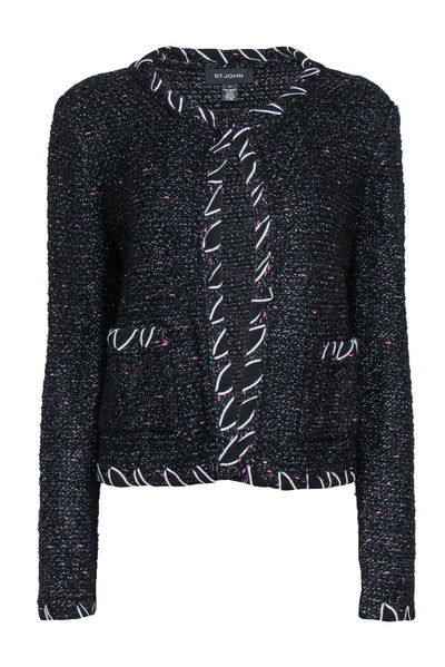Current Boutique-St. John - Black & Pink Marbled Knit Jacket w/ Ribbon Trim Sz 10