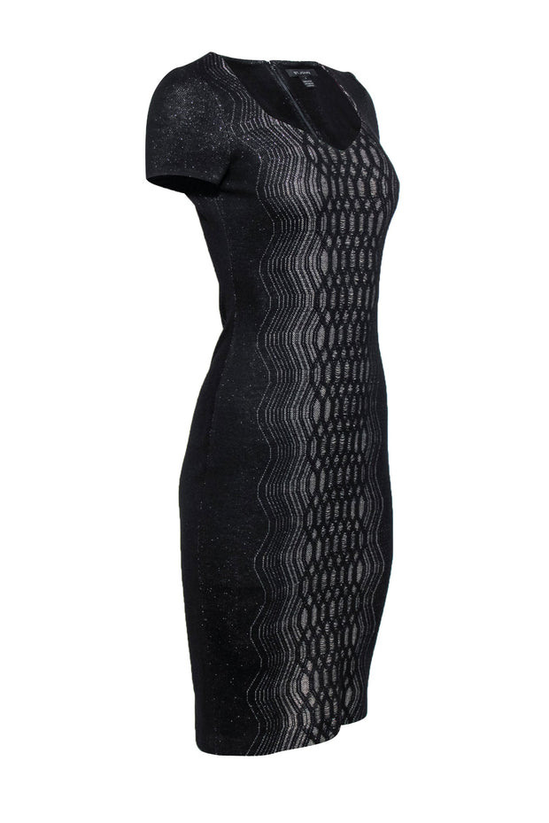 Current Boutique-St. John - Black & Silver Metallic Midi Dress w/ Geometric Design Sz 2