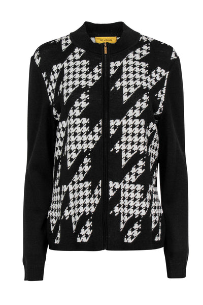 Current Boutique-St. John - Black & White Houndstooth Print Zip-Up Knit Jacket Sz L