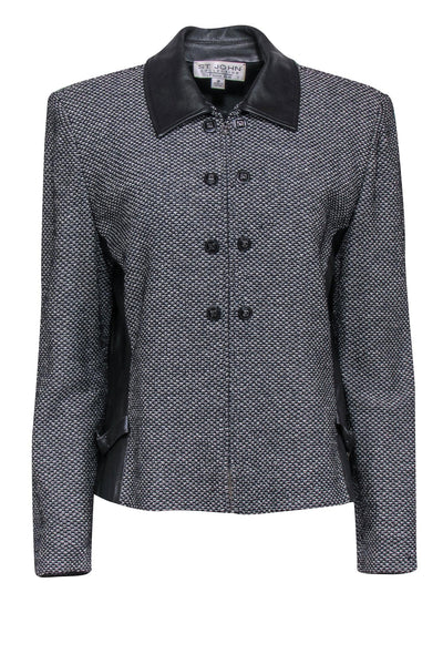 Current Boutique-St. John - Black & White Textured Knit Jacket w/ Leather Details Sz 14