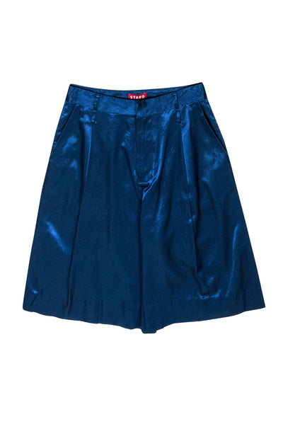 Current Boutique-Staud - Midnight Blue Satin Pleated Bermuda Shorts Sz 4