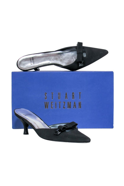 Current Boutique-Stuart Weitzman - Black Pointed Toe Kitten Heel Mules w/ Bows Sz 7.5