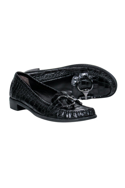 Current Boutique-Stuart Weitzman - Black Reptile Textured Loafers w/ Horsebit Buckle Sz 8.5