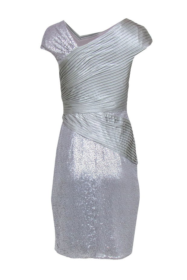 Current Boutique-Tadashi Shoji - Silver Pleated Sash & Sequined Sheath Dress Sz S