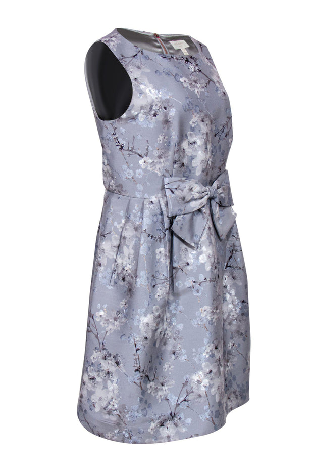 Current Boutique-Ted Baker - Baby Blue Metallic Floral Dress w/ Bow Waist Sz 12
