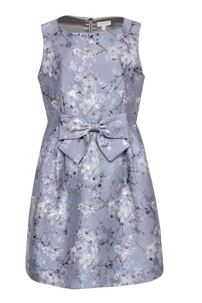 Current Boutique-Ted Baker - Baby Blue Metallic Floral Dress w/ Bow Waist Sz 12