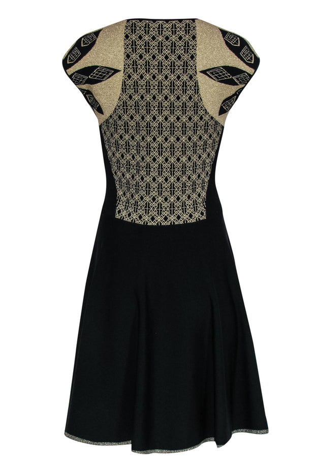 Current Boutique-Ted Baker - Black Knit Skater Dress w/ Gold Metallic Print Sz 10