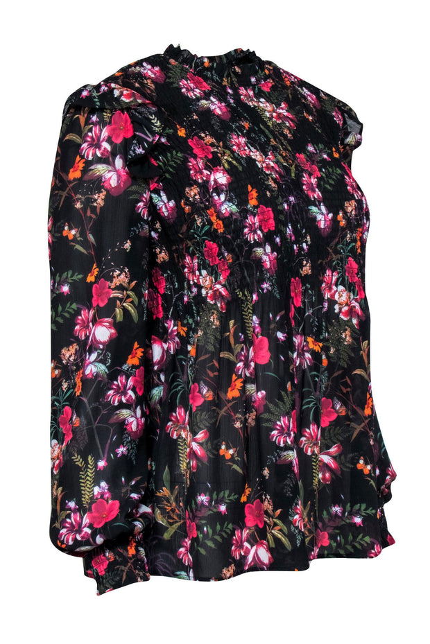 Current Boutique-Ted Baker - Black & Multicolor Floral Long Sleeve Smocked Top Sz 6