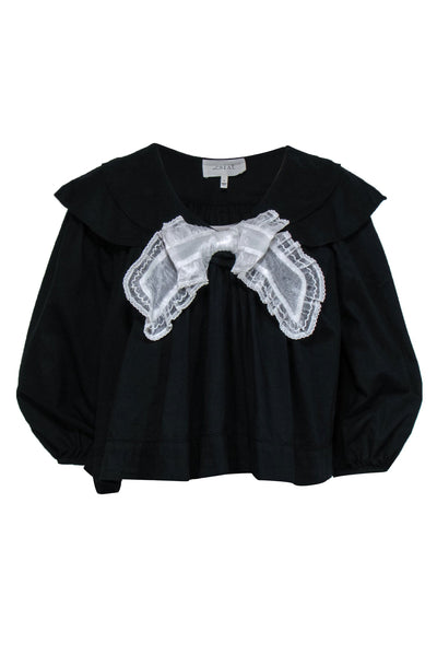 Current Boutique-The Great - Black Long Sleeve Cotton Blouse w/ Peter Pan Collar & Bow Sz 0