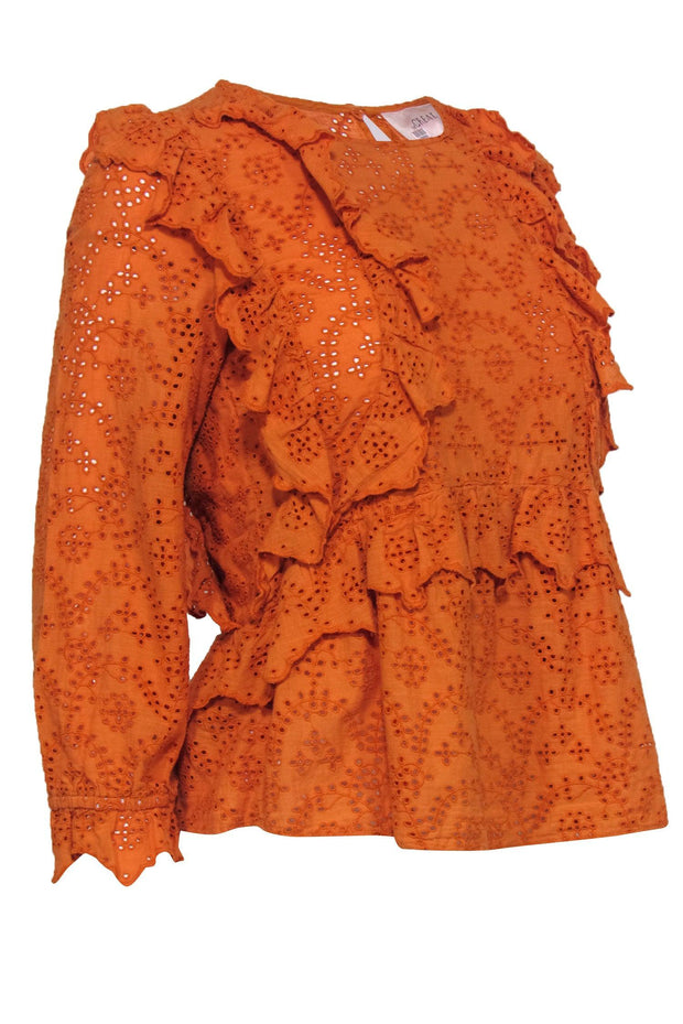 Current Boutique-The Great - Orange Floral Eyelet Ruffled Peplum Cotton Blouse Sz S