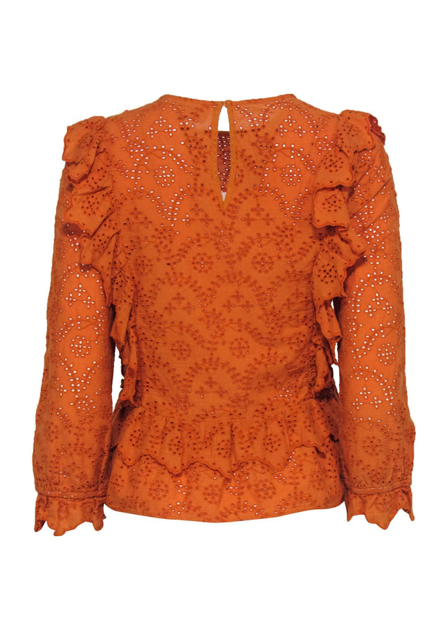 Current Boutique-The Great - Orange Floral Eyelet Ruffled Peplum Cotton Blouse Sz S