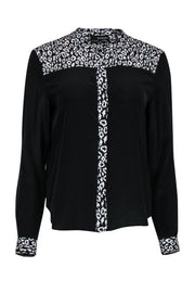 Current Boutique-The Kooples - Black Button-Up Silk Blouse w/ Leopard Print Trim Sz 2