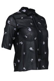Current Boutique-The Kooples - Black & Silver Floral Embroidered & Beaded Sheer Blouse Sz S