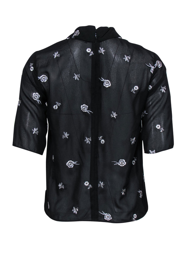Current Boutique-The Kooples - Black & Silver Floral Embroidered & Beaded Sheer Blouse Sz S