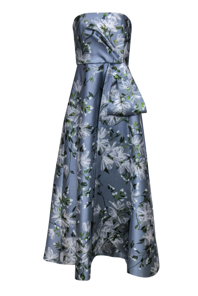 Current Boutique-Theia - Light Blue, Green & White Floral Strapless Gown w/ Pleated Sash Sz 8