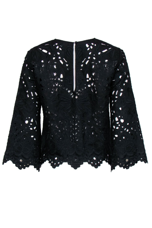 Current Boutique-Theory - Black Eyelet & Floral Embroidered Long Sleeve Scalloped Top Sz S