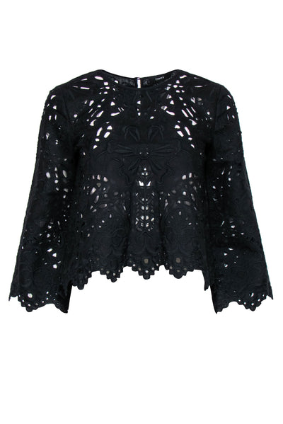 Current Boutique-Theory - Black Eyelet & Floral Embroidered Long Sleeve Scalloped Top Sz S