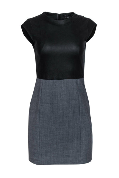 Current Boutique-Theory - Black Leather & Gray Cap Sleeve Sheath Dress Sz 2