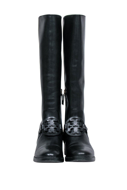 Tory Burch - Black Leather Riding Boots w/ Emblem Strap Sz 7