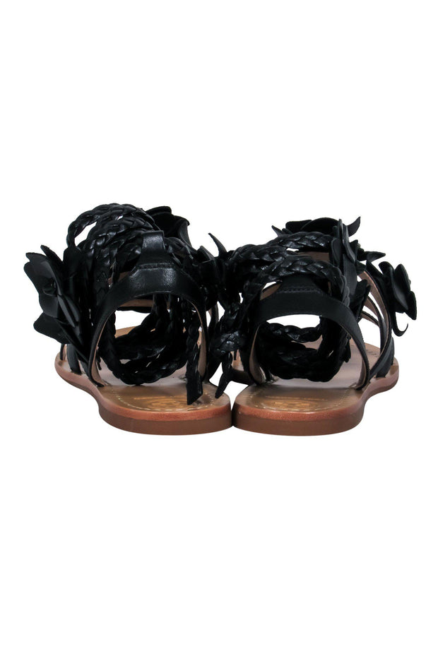 Current Boutique-Tory Burch - Black Leather Strappy "Blossom Gladiator" Sandals w/ Floral Appliques Sz 6
