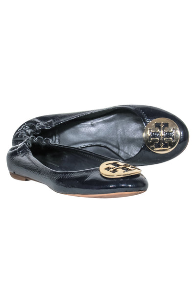 Current Boutique-Tory Burch - Black Patent Leather Flats w/ Gold Logo Sz 7.5