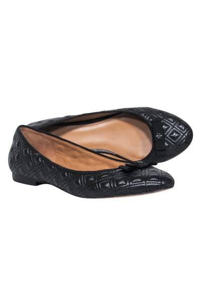 Current Boutique-Tory Burch - Black Quilted Leather Ballet Flats w/ Bow Sz 9.5
