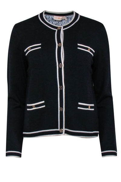Current Boutique-Tory Burch - Black w/ White Trimmed Merino Wool Long Sleeve Cardigan w/ Gold-Toned Logo Buttons Sz M