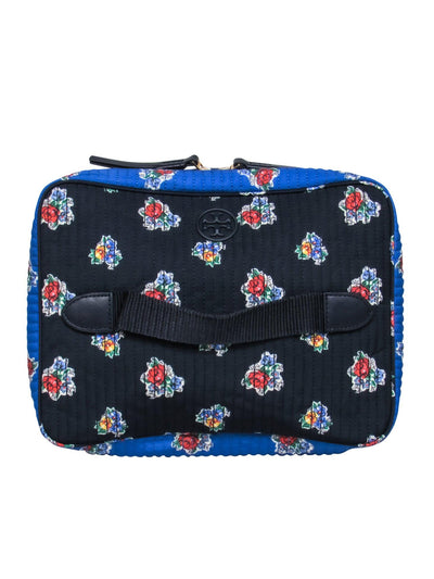 Current Boutique-Tory Burch - Blue & Navy Quilted Rose Cosmetic Travel Bag w/ Handle & Zipper