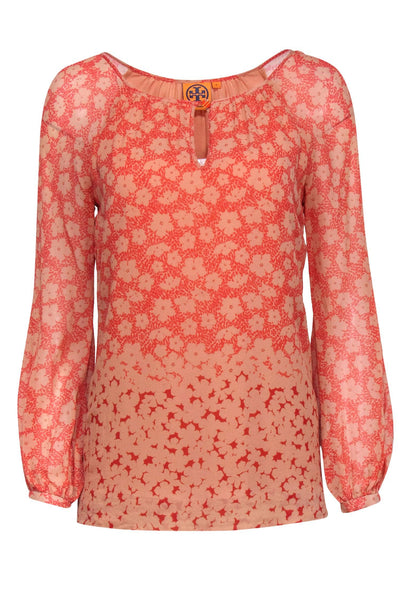 Current Boutique-Tory Burch - Coral & Red Floral Print Silk Blouse Sz 2