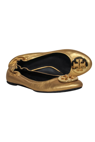 Current Boutique-Tory Burch - Gold Leather "Reva" Ballet Flats w/ Gold-Toned Logo Sz 10.5