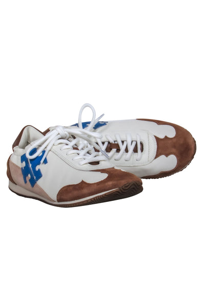 Current Boutique-Tory Burch - Ivory, Brown & Beige Leather & Suede “Tory” Sneakers w/ Blue Logo Sz 8