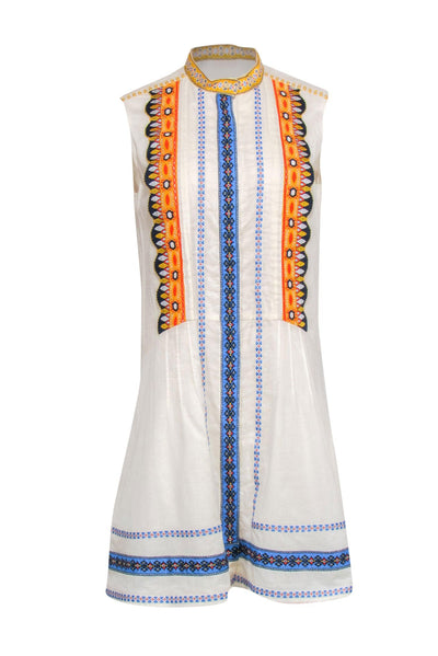 Current Boutique-Tory Burch - Ivory & Multicolor Embroidered Sleeveless Shift Dress Sz 8