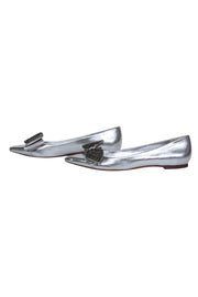 Current Boutique-Tory Burch - Metallic Silver Leather Pointy-Toe Flats w/ Crystal Bow Sz 8.5