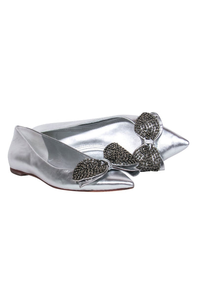 Current Boutique-Tory Burch - Metallic Silver Leather Pointy-Toe Flats w/ Crystal Bow Sz 8.5