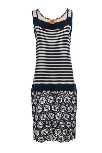 Current Boutique-Tory Burch - Navy & Cream Knit Drop Waist Midi Dress Sz XL