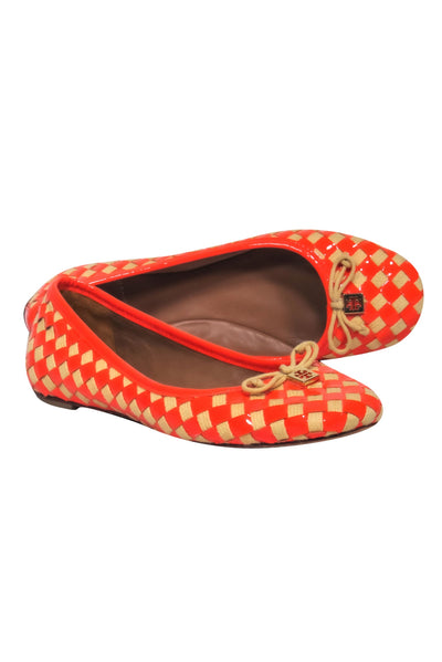 Current Boutique-Tory Burch - Orange & Beige Patent Leather & Woven Checkered Flats w/ Logo Sz 8