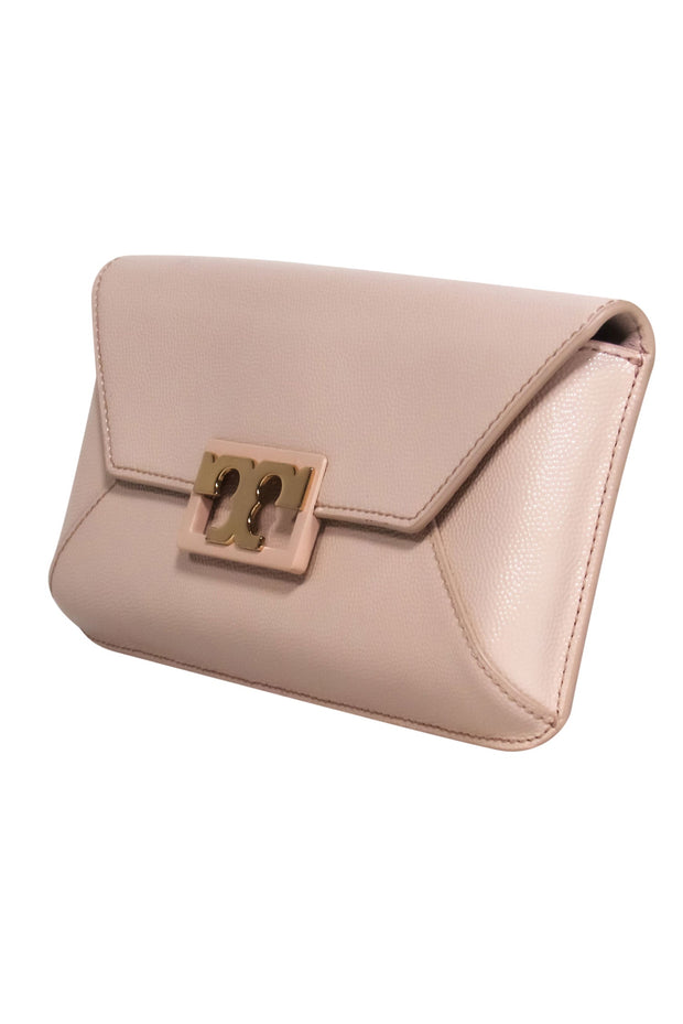 Current Boutique-Tory Burch - Pearl Patent Textured Leather Clutch w/ Gold-Toned Signature T