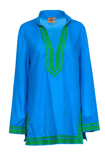Current Boutique-Tory Burch - Teal & Green Cotton Tunic w/ Classic Accent Trim Sz 14