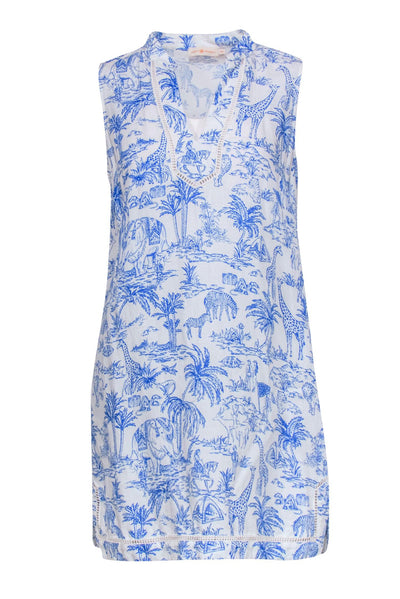 Current Boutique-Tory Burch - White & Blue Chinoiseries-Style Safari Print Dress Sz M