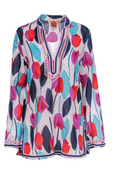 Current Boutique-Tory Burch - White Cotton Tunic w/ Teal, Navy, Red & Purple Tulip Print Sz 12