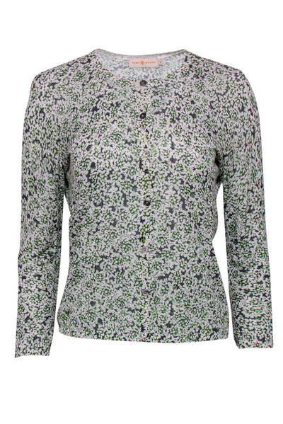 Current Boutique-Tory Burch - White & Green Floral Printed Cardigan Sz M