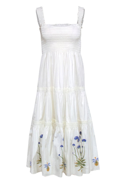 Current Boutique-Tory Burch - White Smocked Tiered Midi Dress w/ Floral Embroidery Sz M