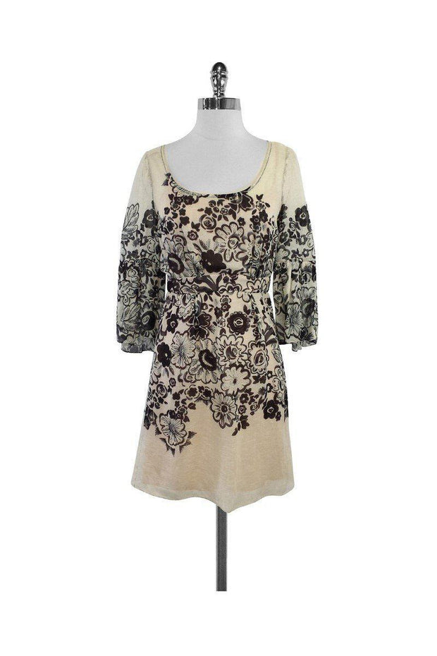 Current Boutique-Tracy Reese - Tan & Brown Floral Print Linen Blend Dress Sz 0