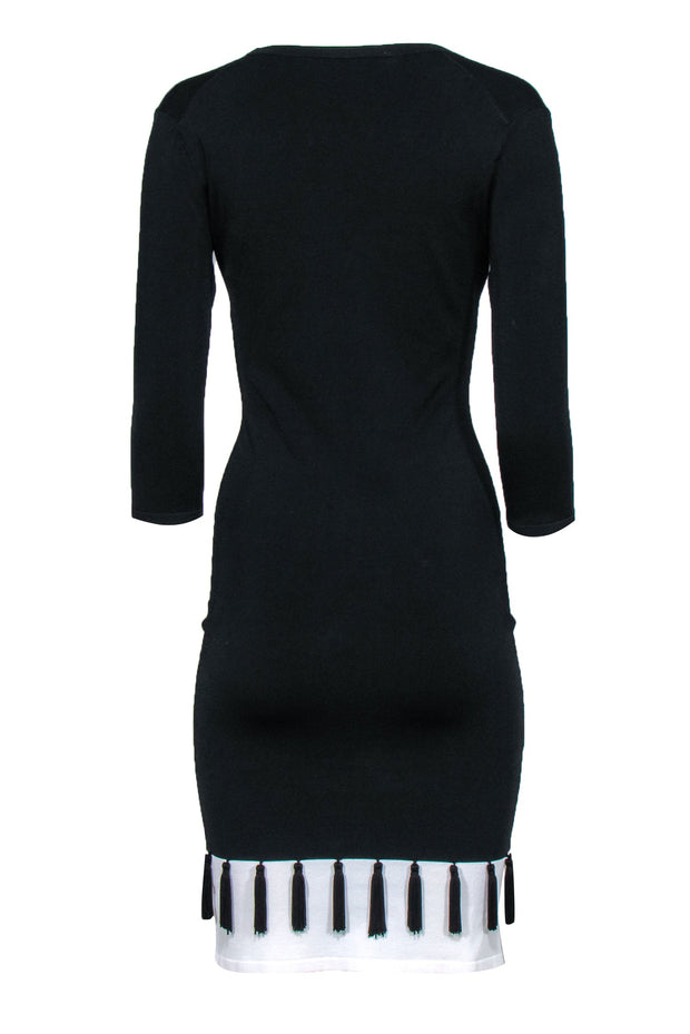Current Boutique-Trina Turk - Black Long Sleeve V-Neck Bodycon Dress w/ Tassel Hem Sz S