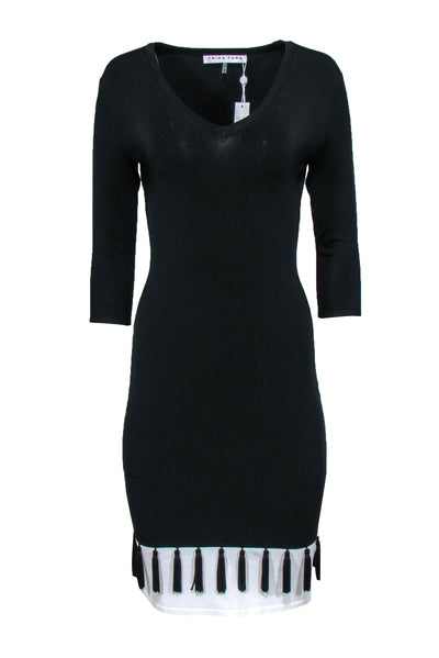 Current Boutique-Trina Turk - Black Long Sleeve V-Neck Bodycon Dress w/ Tassel Hem Sz S